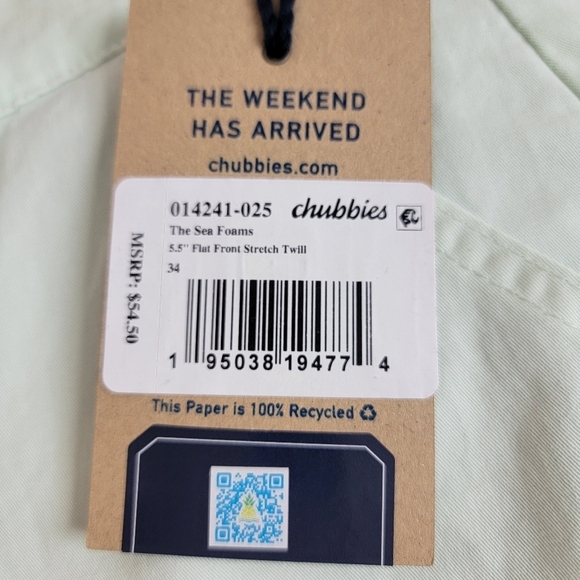 Chubbies The Sea Foams Green 5.5" Flat Front Stretch Twill Shorts Sz 34 NEW - Picture 14 of 14